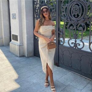 ZARA ASYMMETRICAL SLIP DRESS Linen Beige Taupe Midi